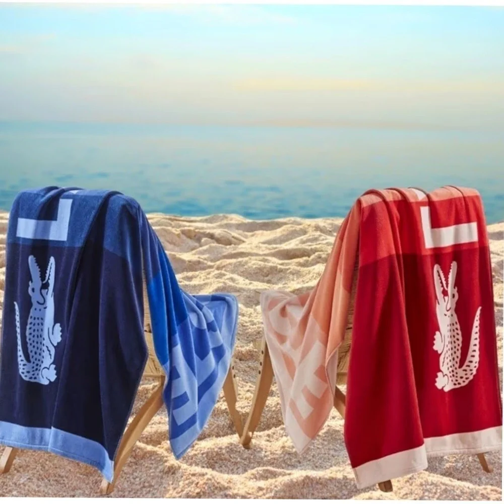 Lacoste Beach Towel Oversized Cotton Velour Absorbent Soft Crocodile Logo Red NW